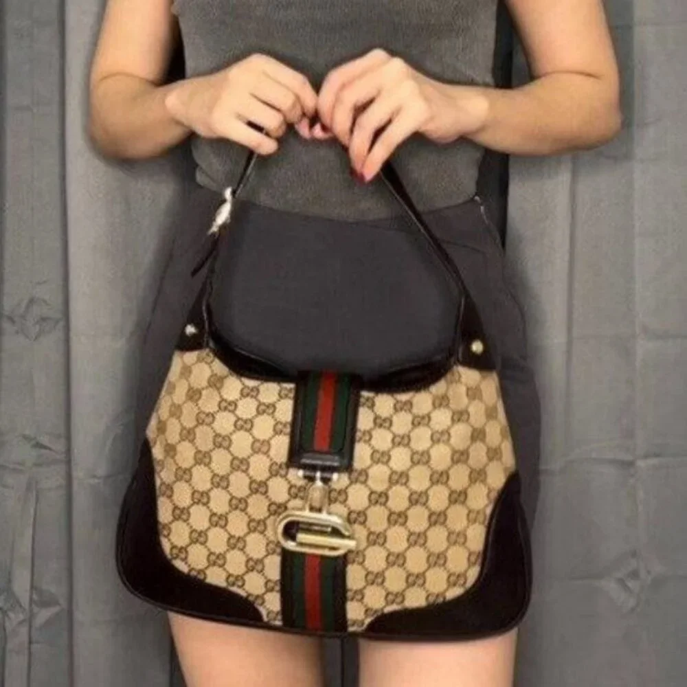 Authentic GUCCI GG Jackie Sherry Web Canvas Handbag Shoulder Bag Charm Ophidia - Picture 2 of 13